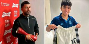 Collage image of Sergio Aguero posing for a photo with the man of the match award (L) and his son holding Lionel Mess jersey (R). 