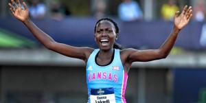 2022 New York City Marathon winner Sharon Lokedi of Kenya celebrates winning a past race.