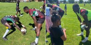 A collage image of Shujaa players taking part in a training session (left) and them hanging out with children from a refugee camp (right)  in Hamilton, Canada on January 17, 2023.