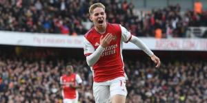 Arsenal Attacking midfielder Emile Smith Rowe celebrating a goal in a past premier league match.