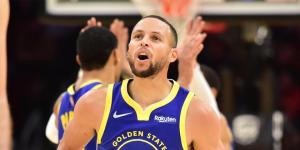 Golden State Warrior player Stephen Curry celebrating at a previous NBA game