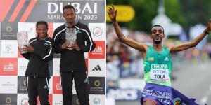 Collage image of Dera Dida and Abdisa Tola posing for a photo after winning the 2023 Dubai Marathon titles on February 12 (left) and Dida's husband Tamirat Tola celebrating winning a World Athletics Championships title in 2022 in Oregon, United States (right). 