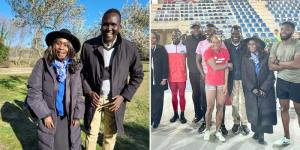 Collage image of Kenyan ambassador to France professor Judi Wakhungu and NOC-K president Paul Tergat posing (left) and them with Kenyan sprinters in Miramas, France on February 1, 2023. 