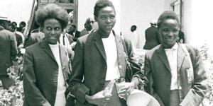 Lydia Stephens (L), Elizabeth Chesire (M) and Tecla Chemabwai (R) posing  for a photo at the 1968 Olympic Games in Mexico.