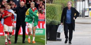 Collage image of Manchester United boss Erik Ten Hag (at the centre) posing with his players (left) and British journalist Piers Morgan taking a walk (right). 