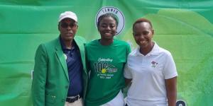 From left to right: Tennis referee Patrick Kamuhia, Wimbledon Open champion Angella Okutoyi and journalist Carol Radull pose for a photo at Kasarani Stadium on December 20, 2022.