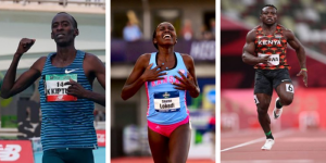 A photo Collage of sharon Lokedi, Kelvin Kiptum and Ferdinand Omanyala 