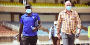 AFC Leopards Assistant coach Tom Juma (L) walks to the technical area, flanked by head coach Patrick Aussems during last month's derby match against Gor Mahia. The game ended 0-0. Photo/AFC Leopards Media
