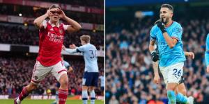 Collage image of Arsenal forward Leandro Trossard (left) and Manchester City winger Riyad Mahrez (right) celebrating their goals in the Premier League over the weekend. 
