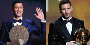 Lewandowski (left) and Messi (right) receiving their Award at the 2021 Ballon d'Or award ceremony in France on November 29, 2021