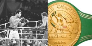 A collage image of George Foreman's and Muhammad Ali's fight staged in 1974 in DRC and the WBC belt that the latter won.