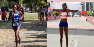 A collage image of Pamela Kosgei (L) and world marathon record holder Brigid Kosgei (L) taking part in a past race.