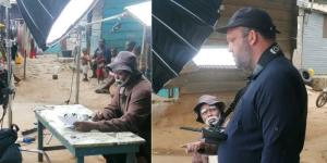 A collage image of Arap Uria and a photographer shooting a FIFA World Cup project in Ghana on August 2, 2022.