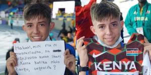 A collage image of a young boy holding a placard and a team Kenya jersey at the 2022 World Under 20 Athletics Championships held in Cali, Colombia.