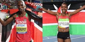 Two-time Olympic champion Faith Chepngetich(right) and world champion Timothy Cheruiyot(lrft)