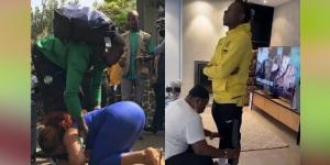Wife to Sierra Leone striker Musa Tombo says goodbye by kissing his feet ahead of AFCON2021(left) and Chukwueze’s mother praying  while holding her son’s legs (right)