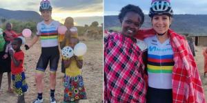 Collage image of Dutch cyclist Annemiek van Vleuten posing for photos with the locals in Masai Mara on November 28, 2022.