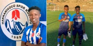 A collage of Vivian Nasaka posing after signing a contract with Hakkaragucu Spor and her standing alongside compatriot Mwanahalima Adam in Hakkari, Turkey.