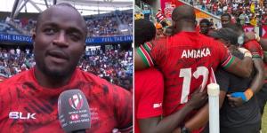 Collage image of former Shujaa player Willy Ambaka speaking to the press (left) and him alongside his teammates (right) at the 2023 Sydney 7s in Australia.  