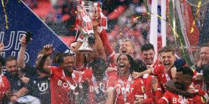 Nottingham Forest Celebrate Their Premier League Comeback After Their 1-0 Victory Against Huddersfield Town AFC At Wembley Stadium on May 29, 2022.
