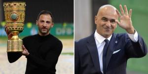 An undated image of new Belgium national team head coach Domenico Tedesco holding a trophy (left) and his predecessor Roberto Martinez waving his hands (right).