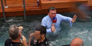 SkySports reporter Craig Slater after he was thrown in a pool on May 29, 2022. 