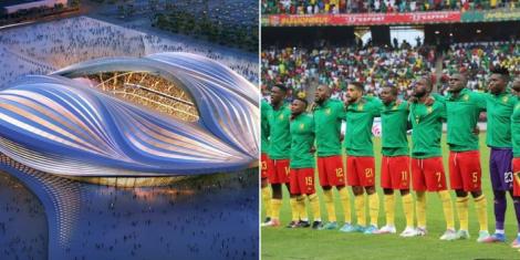 Collage image of Al Janoub Stadium that will host FIFA World Cup matches and Cameroon players singing the country's national anthem ahead of a match in the past.