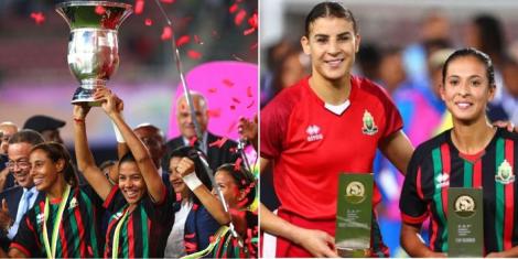 Collage image of AS FAR players lifting the 2022 CAF Women's African Champions League title and two of them posing with their individual awards.