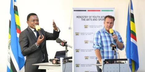 Collage image of Sports CS Ababu Namwamba (left) and veteran rally driver Carl Tundo (right) addressing stakeholders on February 20, 2023, in Nairobi.