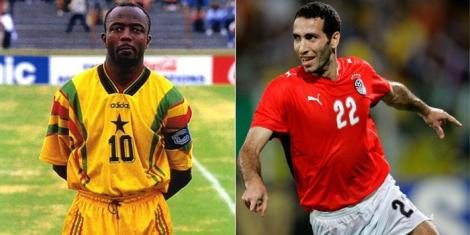 Collage image of former Ghanaian footballer Abedi Ayew (L) and retired Egyptian forward Mohamed Aboutrika (R).