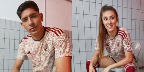 Mexico national team stars Edson Alvarez and Tatiana Flores modeling the new away kit on August 29, 2022.