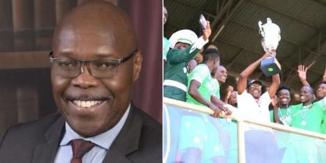 A collage image showing Gor Mahia chairperson Ambrose Rachier posing for a photo and lifting the Madaraka Cup on June 1, 2022 in Nairobi.