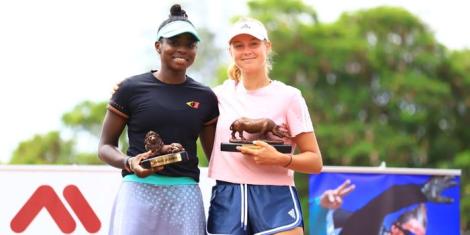 From left to right: Angella Okutoyi poses for a photo alongside Germany ace Emily Seibold on November 20, 2022 in Nairobi, Kenya.