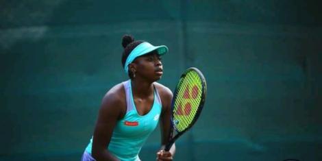 Angella Okutoyi in action during the W15 tennis tournament on November 17, 2022 at the Karen Country Club, Nairobi.