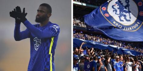 A collage image showing Antonio Rudiger (L) and Chelsea fans (R) in a past match at Stamford Bridge Stadium.