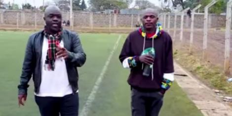 Radio presenter Fred Arocho (L) with Dennis Oliech (R) on September 9, 2022 at Camp Toyoyo grounds in Nairobi.