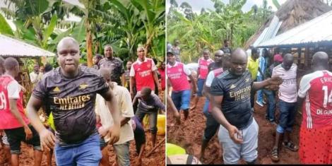 Collage image of Arsenal fans constructing a house in Kisii County on December 11, 2022.