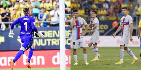 A collage image of Cadiz goalkeeper Jeremias Ledesma (L) running with a medical kit and FC Barcelona players in shock (R) on September 10, 2022 in Spain.