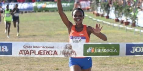Kenya's Beatrice Chebet crosses the finishing line at the 2022 Cross Internacional de Atapuerca staged in Spain on Sunday, November 13.