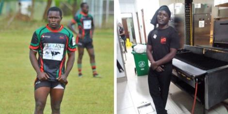 A collage image of Benedict Sakali posing for a photo in a past rugby match and while working at Big Square restaurant in Nairobi.