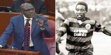 Collage image of Senator Boniface Khalwale (L) and former AFC Leopards forward Wilberforce Mulamba (R).