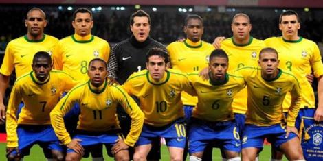 Brazilian players posing for a team photo at the 2010 FIFA World Cup staged in South Africa.
