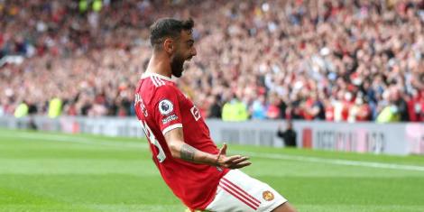 Bruno Fernandes celebrating one of his three goals in Manchester United's 5-1 thrashing of Leeds United on August 14, 2021 at Old Trafford stadium.