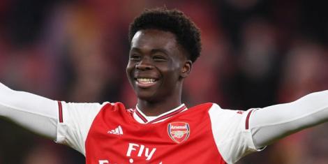 Arsenal and England winger Bukayo Saka celebrating a goal in a previous match.