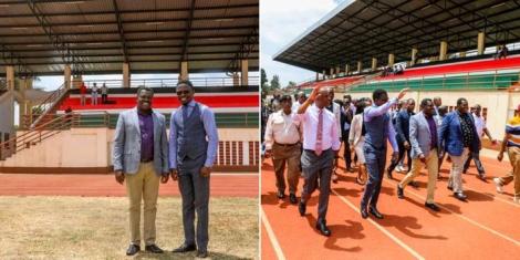 Collage image of Tharaka Nithi Governor Muthomi Njuki and CS Ababu Namwamba (left) and them alongside other stakeholders at the Kirubia Stadium on February 9, 2023.
