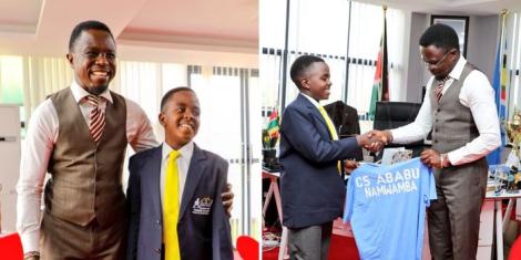 Collage image of CS Ababu Namwamba and Master Teule Kilonzo posing for a photo in Nairobi (left) and Namwamba receiving a gift from the 12-year-old (right).