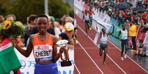 A collage image of Beatrice Chebet (L) and Nicholas Kipkorir Kimeli (R) celebrating their wins at the 2022 Wanda Diamond League final on September 7, in Zurich Switzerland.