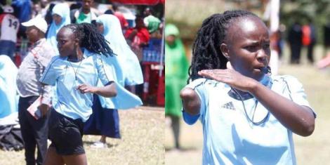 A collage image of Kenyan handball referee Clara Chepkoech officiating a match at Nakuru Boys High School in September 2022.