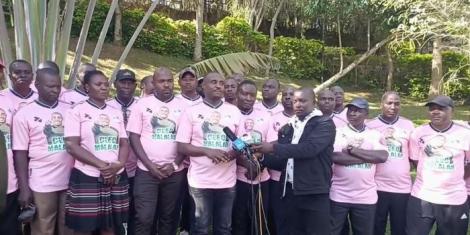 Former Kakamega County Senator Cleophas Malala (at the centre) addresses the media during the launch of the Cleo Malalah Super Cup on January 2023 in Kakamega.