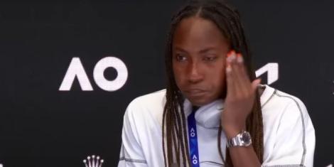 American tennis player Coco Gauff wipes off her tears during a post-match press conference at the 2023 Australian Open tennis tournament on January 22, in Melbourne, Australia.